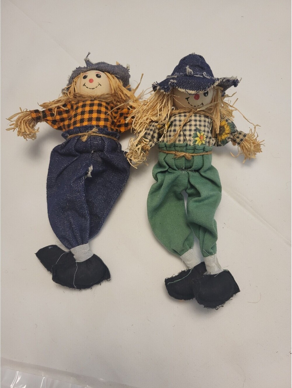 Pair of Vintage Handmade Scarecrow Dolls with Fabric Clothes 10"x5"